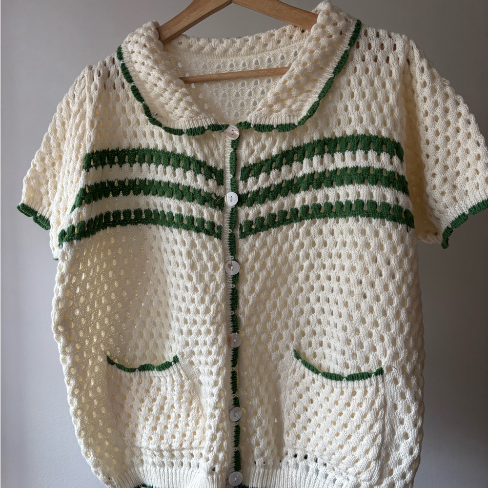 Cream Short-Sleeve Knit Cardigan Sweater with Green Trim